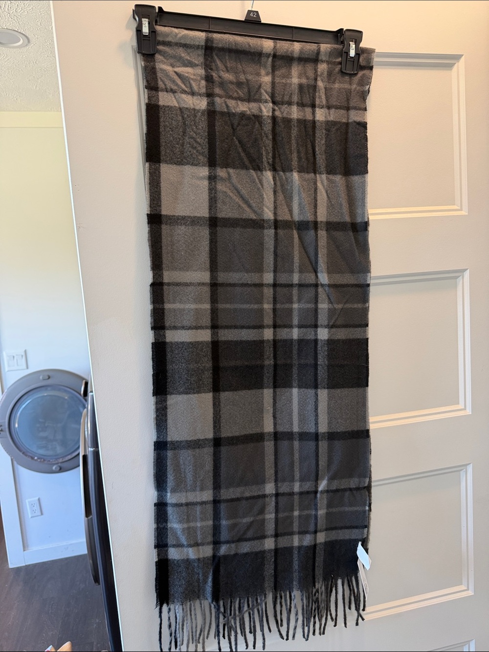 Cozy Black and Gray Plaid Fringe Scarf